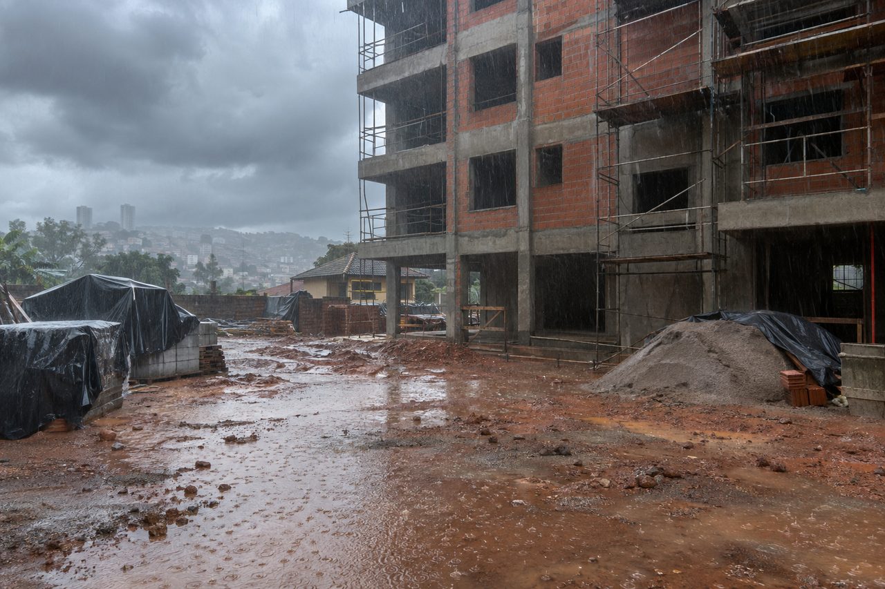 Canteiro de obras parado sob chuva forte