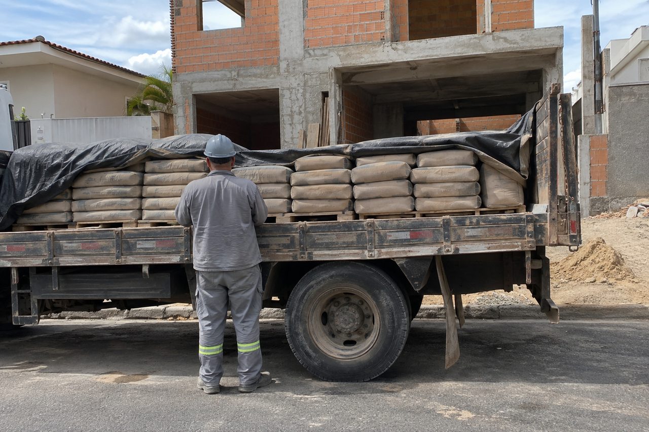 Caminhão com sacos de cimento sob a lona e um trabalhador de costas conferindo a carga