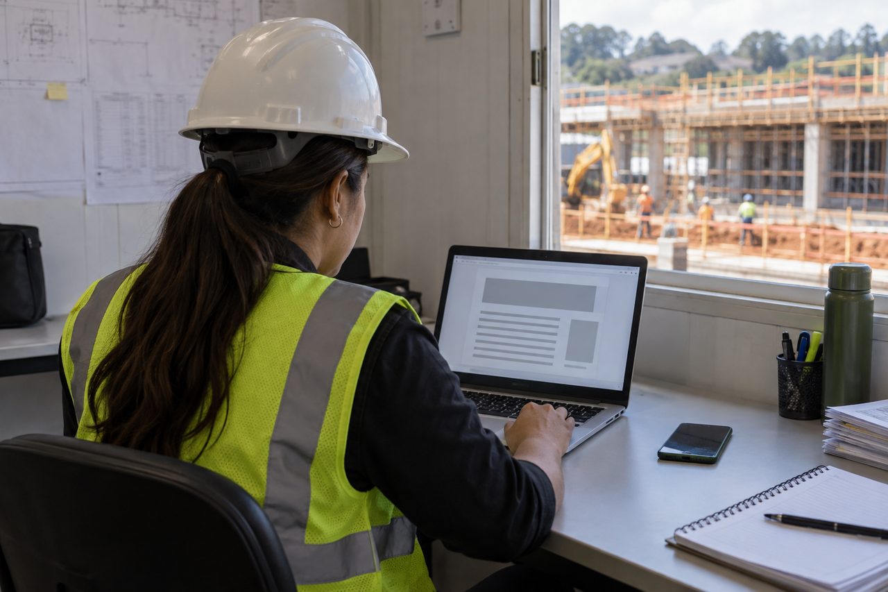 Engenheira de capacete, de costas, revisando o rascunho do RDO no computador do escritório da obra